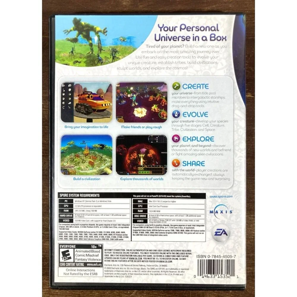 SPORE 2008 Win/Mac PC DVD-ROM w/ Prima Official GAME GUIDE Manual VGC Windows EA